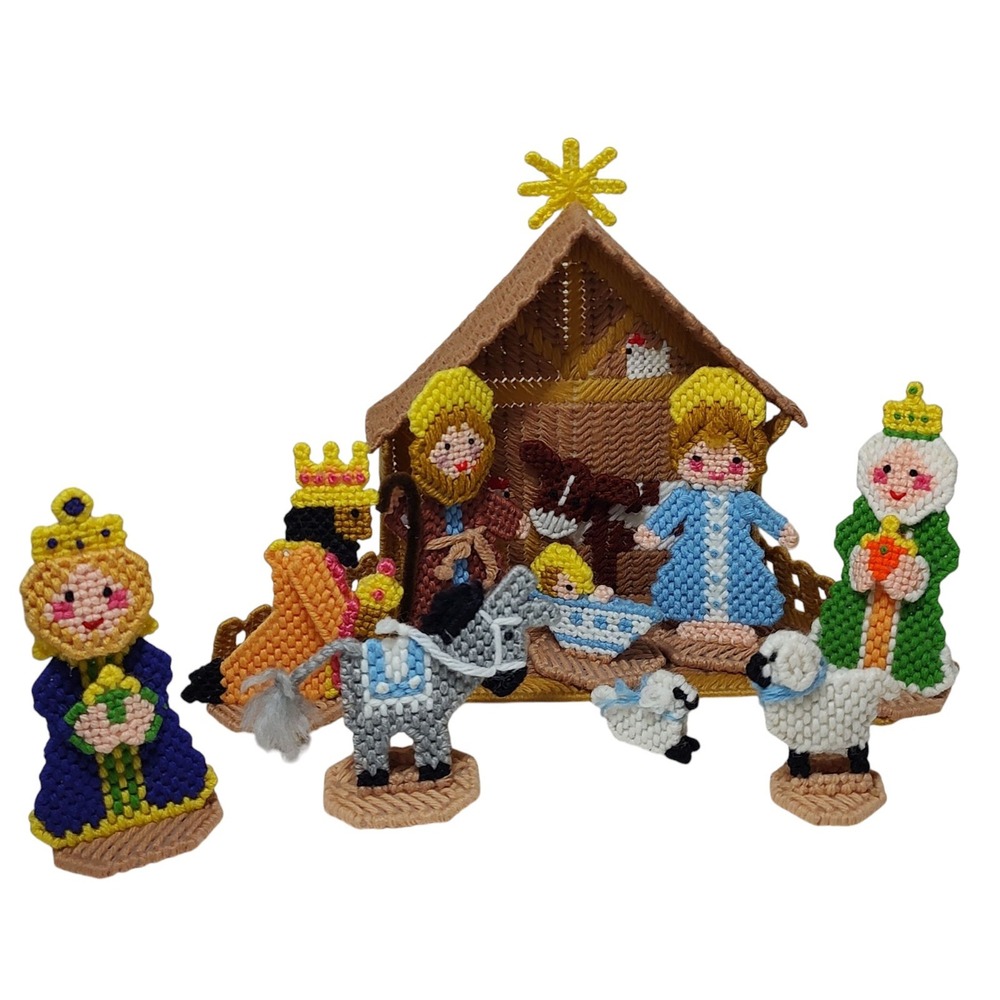 Handmade Nativity Scene Needlepoint Plastic Canvas 3D Vintage Ten Pieces